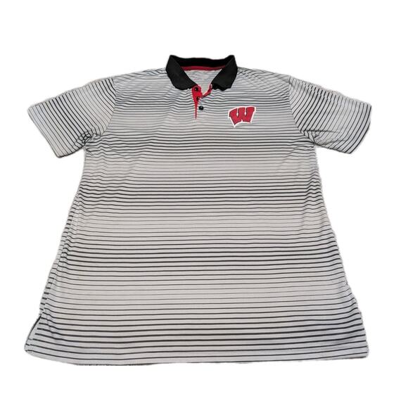 Wisconsin Badger Polo Shirt L Men Gray Stripe Colosseum Poly - Picture 1 of 5